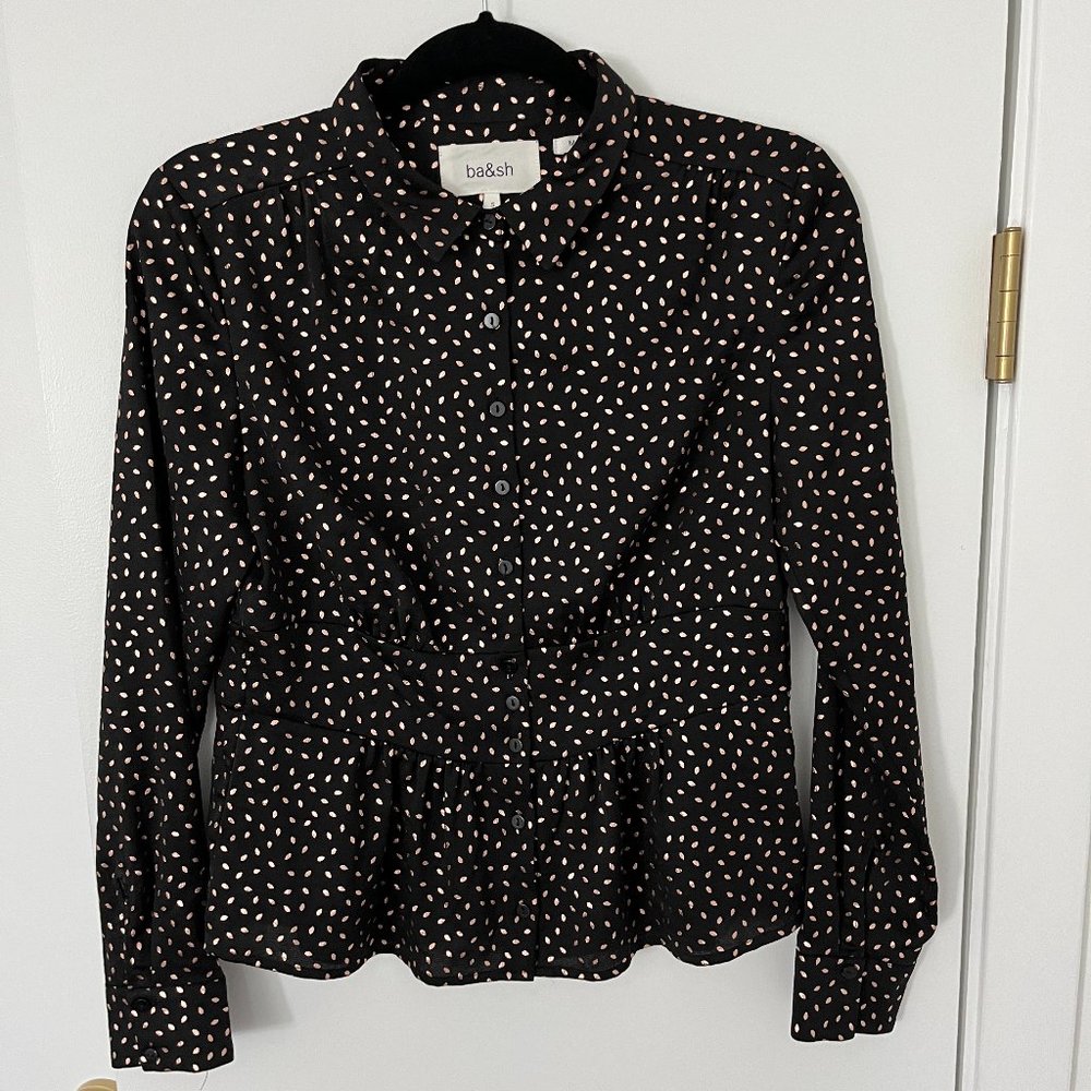 BA&SH Long Sleeve Button Up Peplum Top with Rose Gold Teardrop Pattern, Small